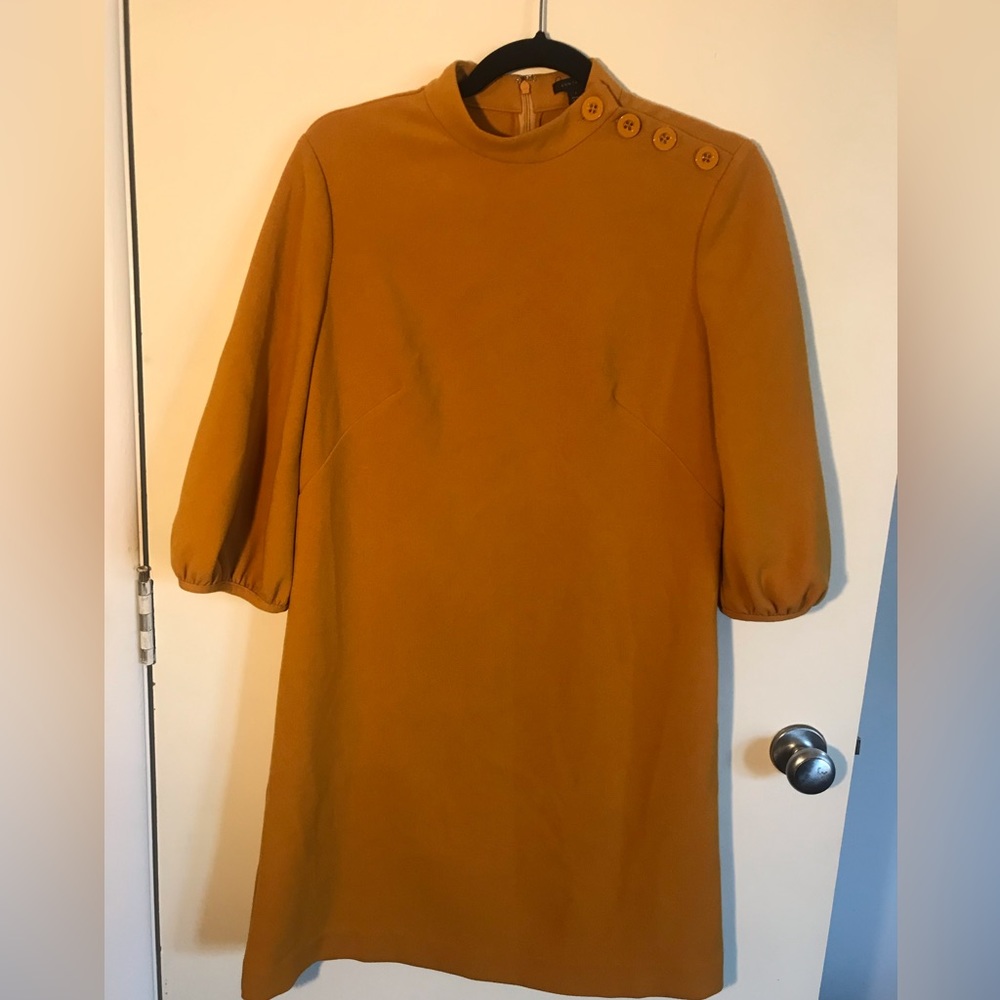 Ann Taylor puff sleeve dress shift dress in mustard yellow